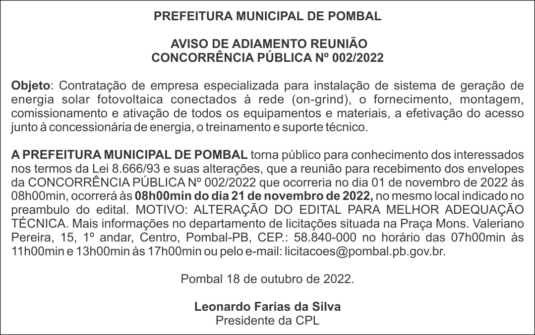 Prefeitura Municipal De Pombal Aviso De Adiamento Reuni O