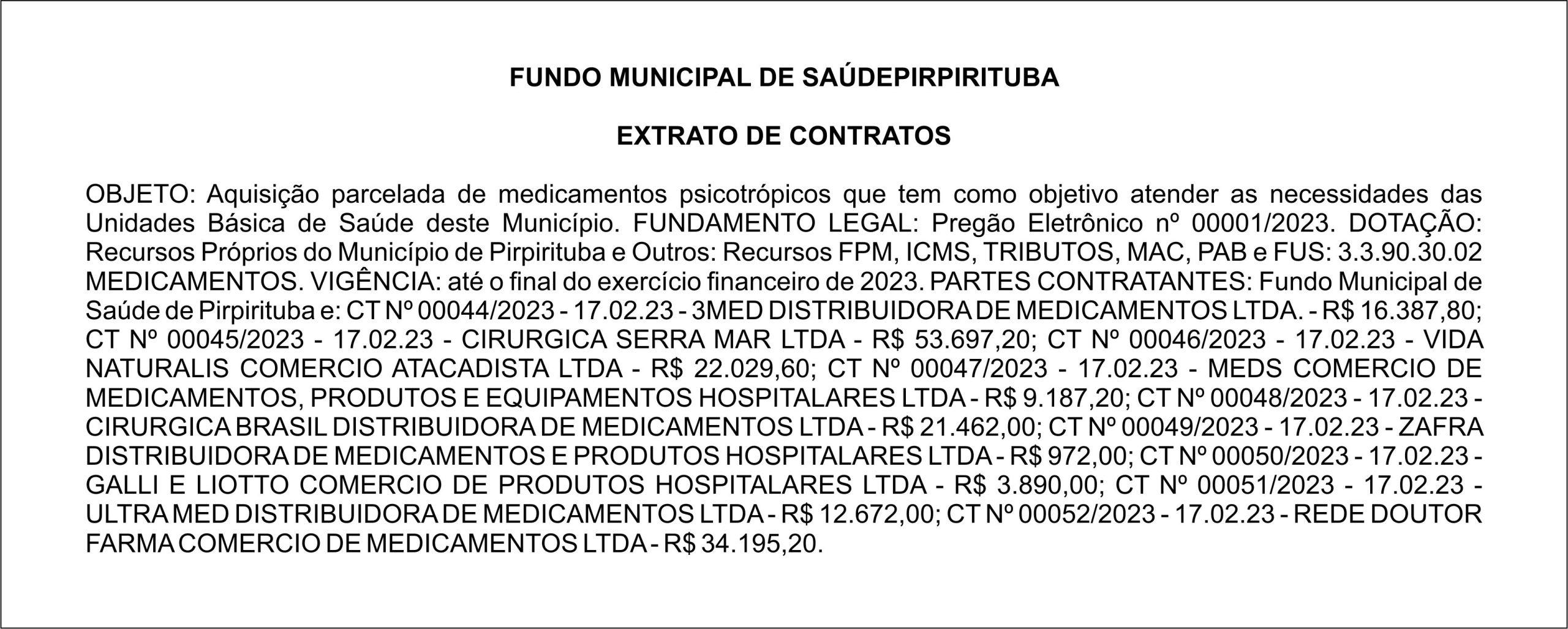 Fundo Municipal De Sa De Pirpirituba Extrato De Contratos Portal