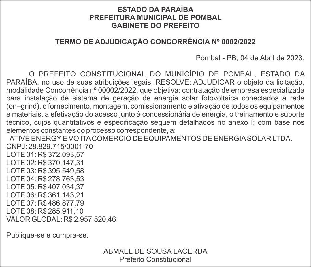 PREFEITURA MUNICIPAL DE POMBAL TERMO DE ADJUDICAÇÃO CONCORRÊNCIA Nº