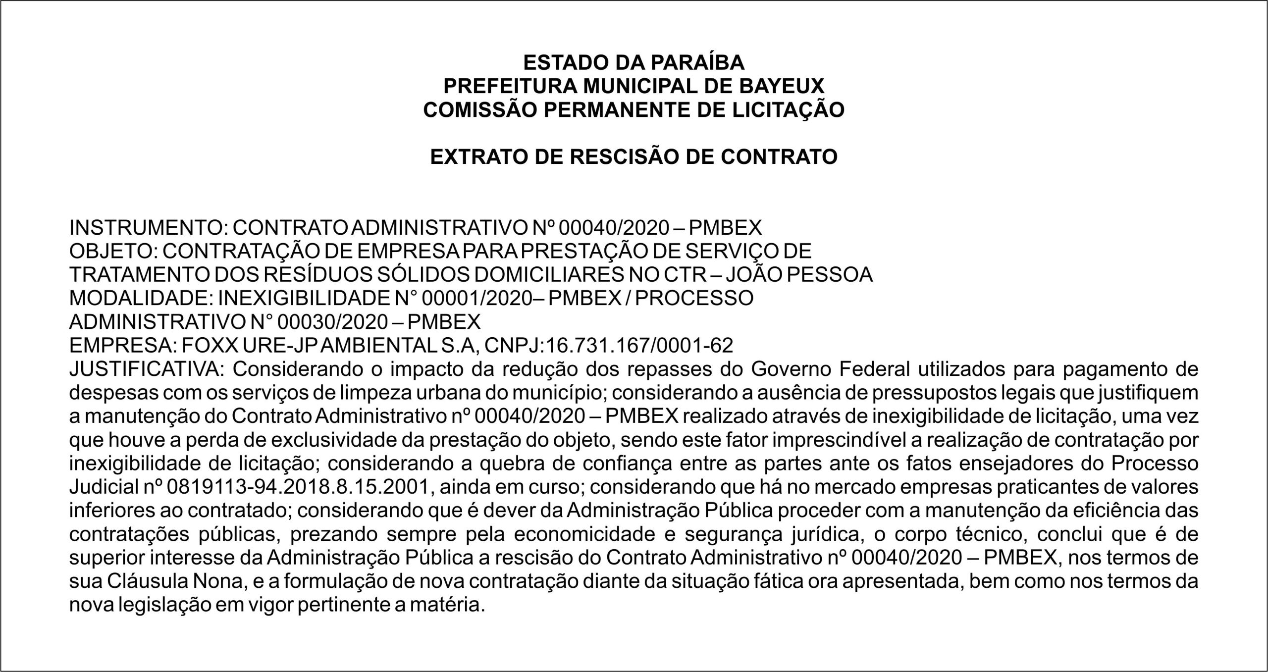 Prefeitura Municipal De Bayeux Extrato De Rescis O De Contrato