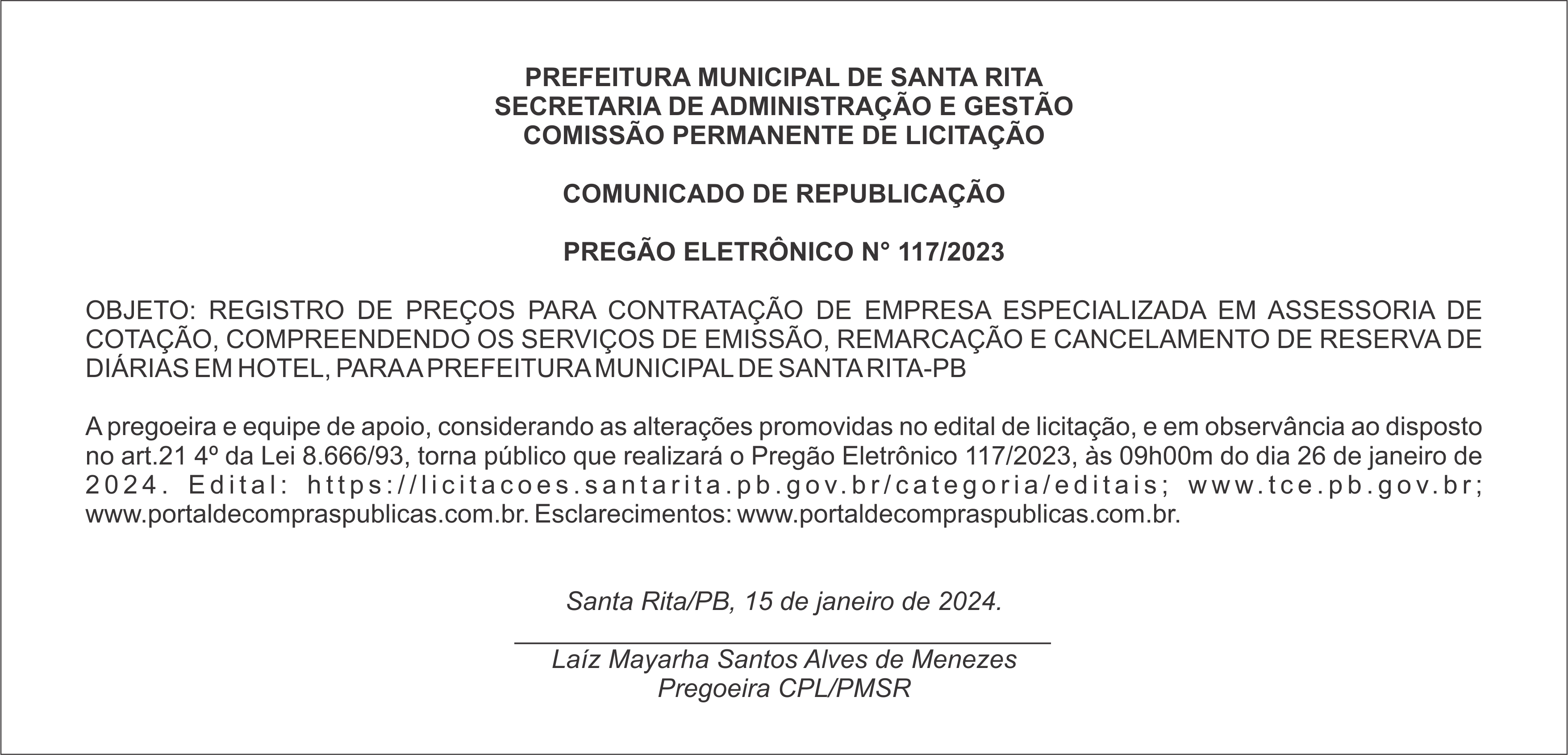 Prefeitura Municipal De Santa Rita Comunicado De Republica O