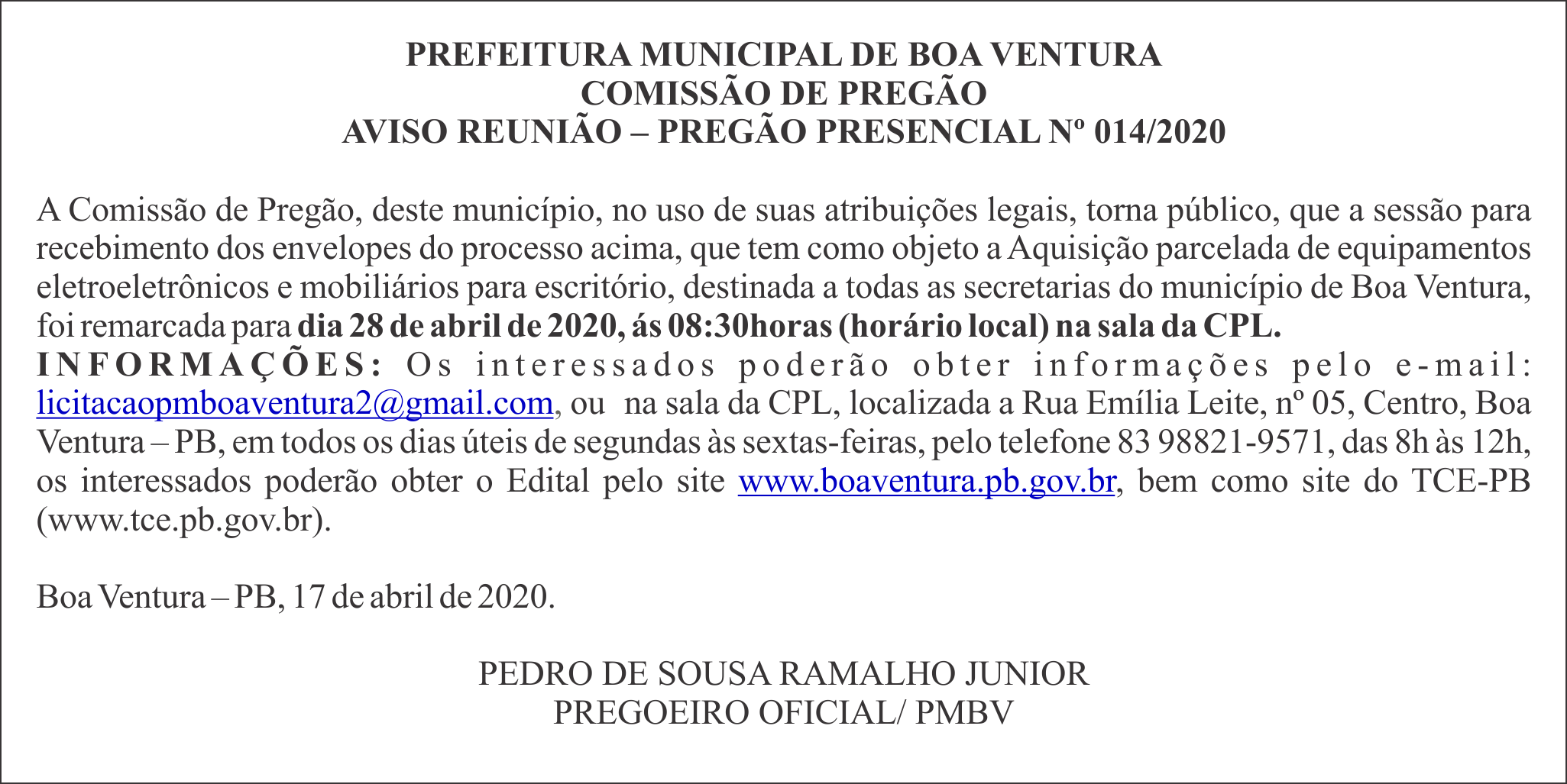 PREFEITURA MUNICIPAL DE BOA VENTURA – AVISO REUNIÃO – PREGÃO PRESENCIAL Nº 014/2020