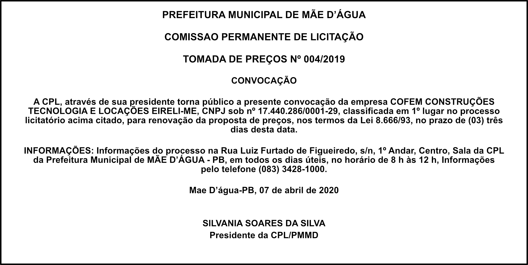 PREF. DE MÃE D’ÁGUA – TOMADA DE PREÇO 004/2019
