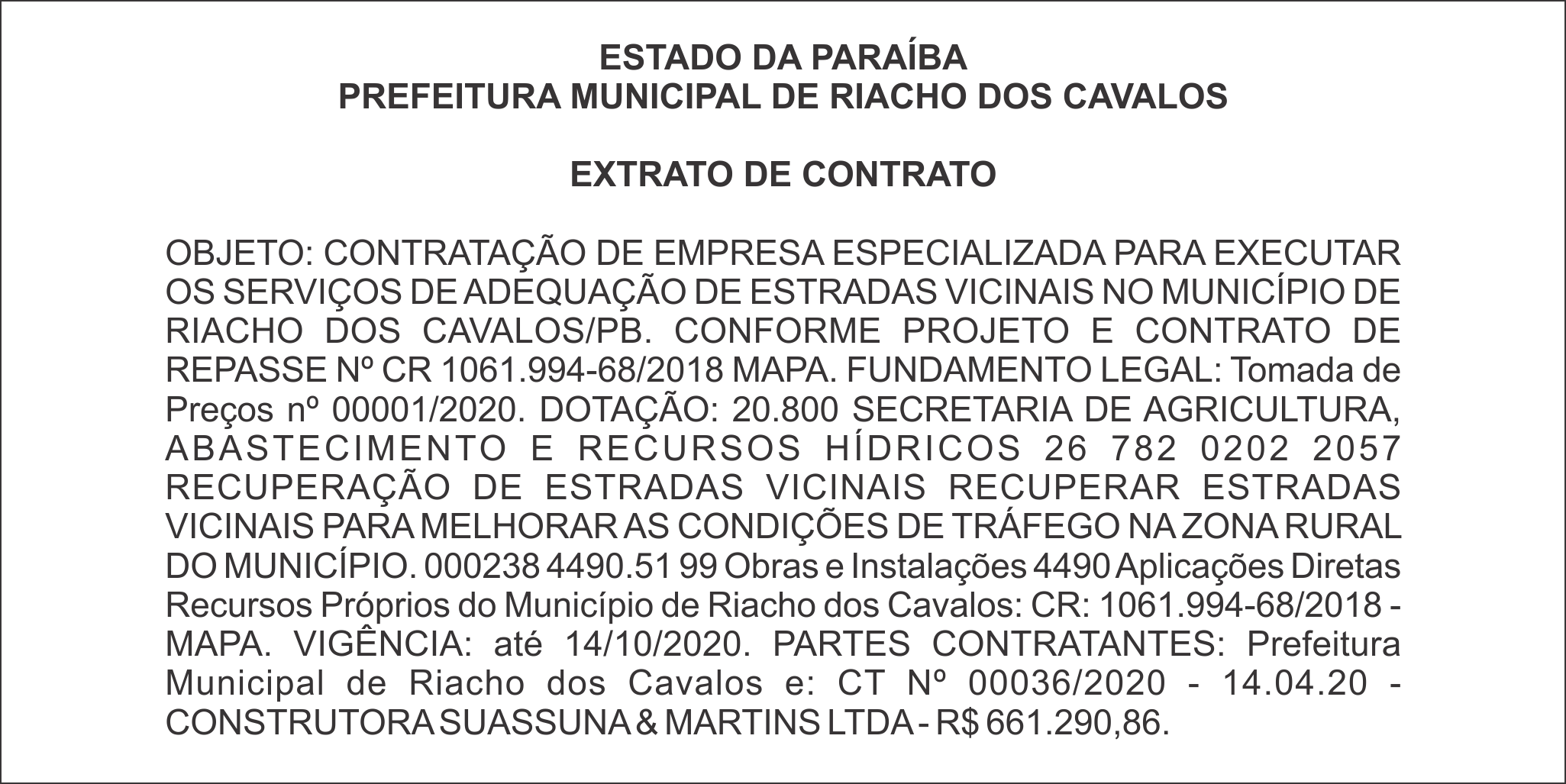 PREFEITURA MUNICIPAL DE RIACHO DOS CAVALOS – EXTRATO DE CONTRATO – TP Nº 00001/2020