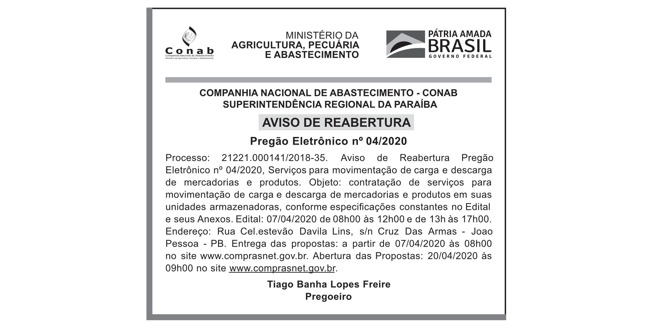 CONAB/PB – AVISO DE REABERTURA PREGÃO ELETRÔNICO 04/2020