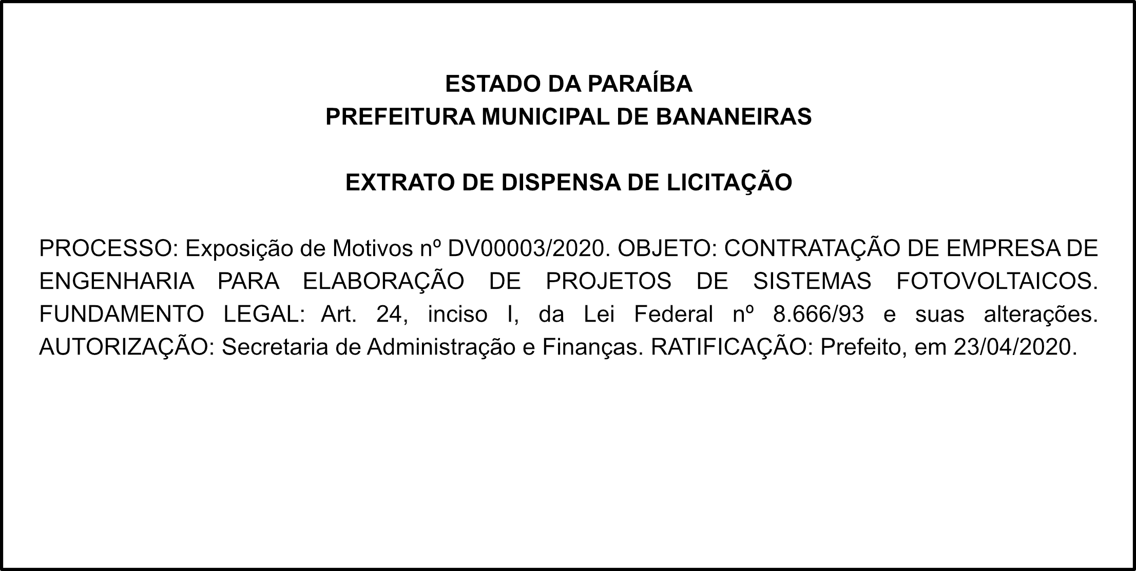 PREF. MUN. DE BANANEIRAS – EXTRATO DE DISPENSA DE LICITAÇÃO  DV 0003/2020