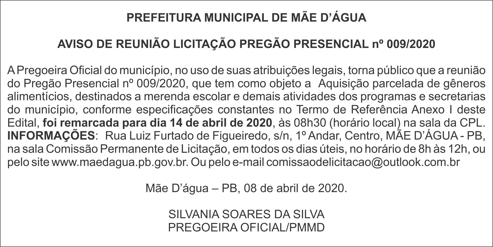 PREF. DE MÃE D’ÁGUA  – AVISO REUNIÃO LICITAÇÃO PREGÃO PRESENCIAL nº 009/2020