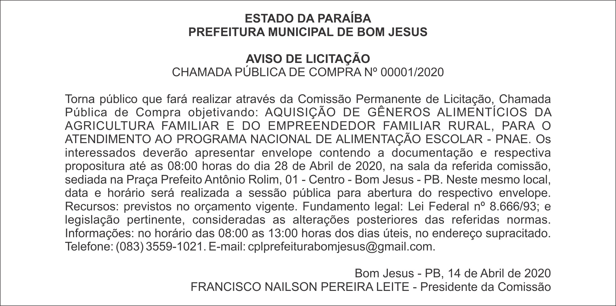 PREFEITURA MUNICIPAL DE BOM JESUS – AVISO DE LICITAÇÃO