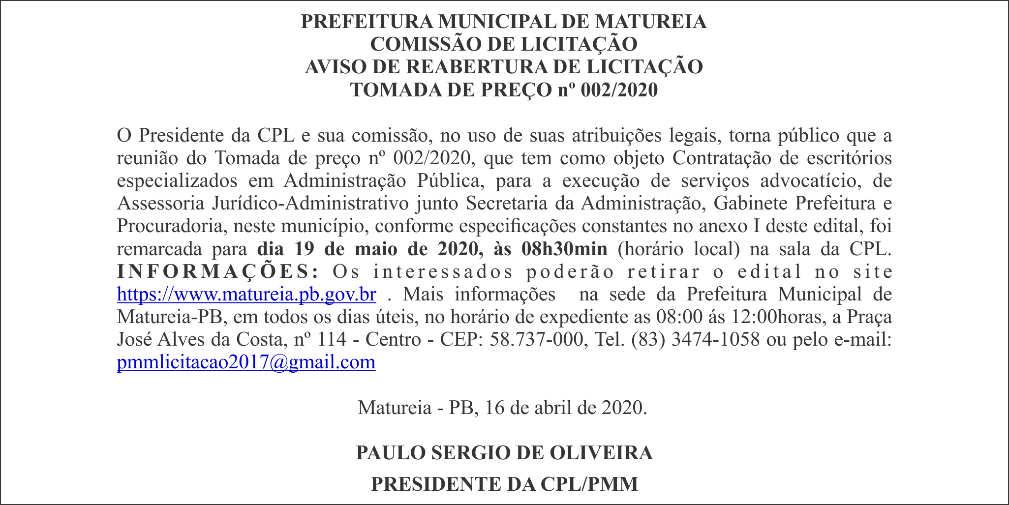 PREFEITURA MUNICIPAL DE MATUREIA – AVISO DE REABERTURA DE LICITAÇÃO – TOMADA DE PREÇO nº 002/2020