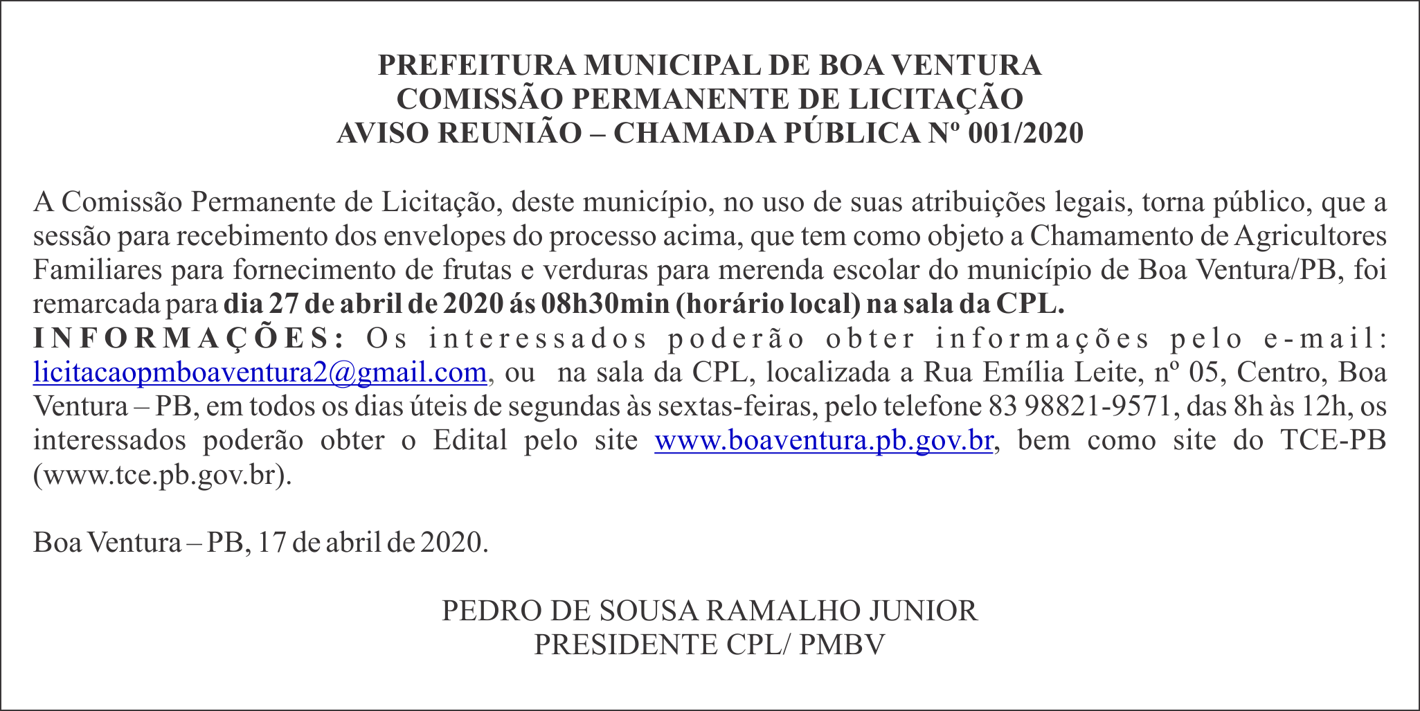 PREFEITURA MUNICIPAL DE BOA VENTURA – AVISO REUNIÃO – CHAMADA PÚBLICA Nº 001/2020