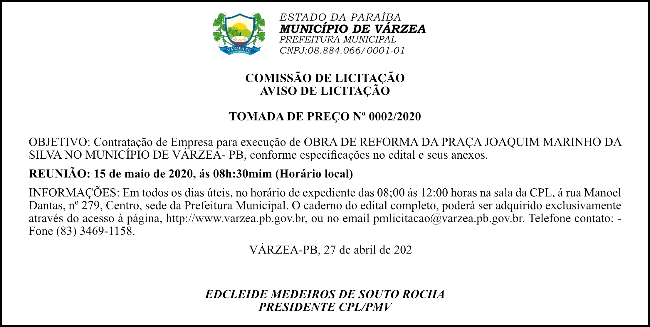 PREFEITURA MUNICIPAL DE VÁRZEA – AVISO DE LICITAÇÃO  TOMADA DE PREÇO Nº 0002/2020