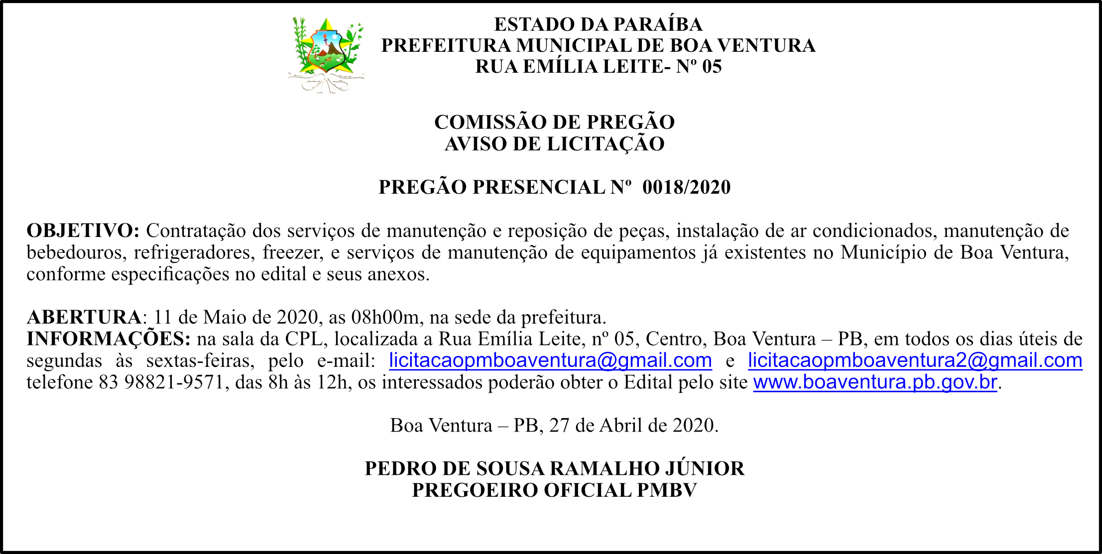 PREFEITURA DE BOA VENTURA – AVISO DE LICITAÇÃO – PREGÃO PRESENCIAL Nº 018/2020