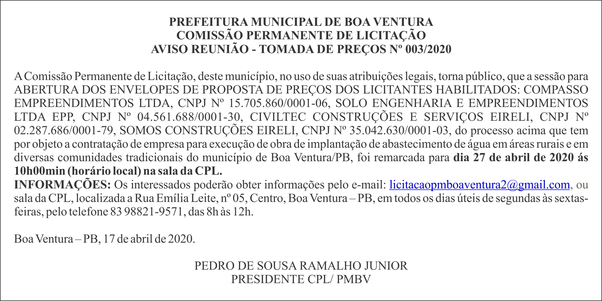 PREFEITURA MUNICIPAL DE BOA VENTURA – AVISO REUNIÃO – TOMADA DE PREÇOS Nº 003/2020