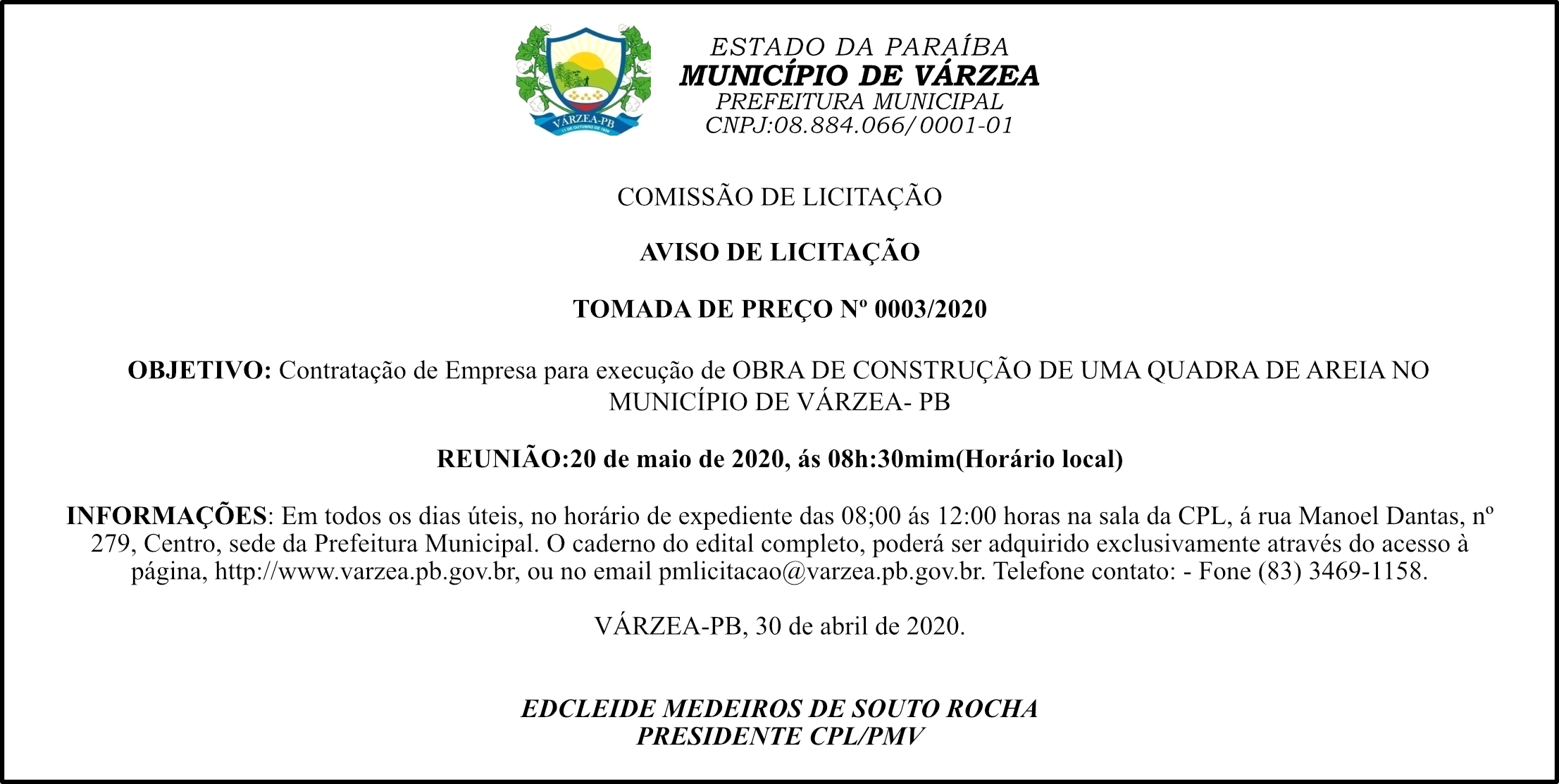 PREFEITURA MUNICIPAL DE VÁRZEA – AVISO DE LICITAÇÃO – TOMADA DE PREÇO Nº 0003/2020