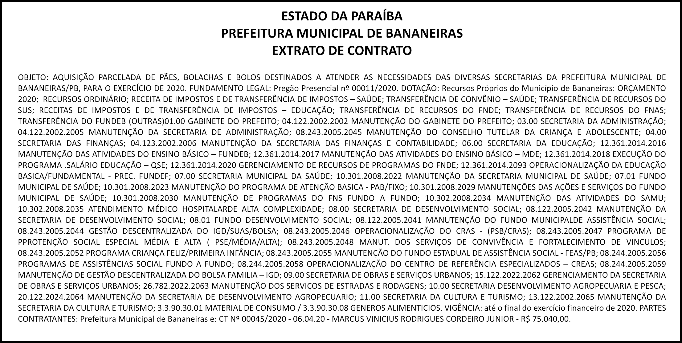 PREFEITURA MUNICIPAL DE BANANEIRAS – EXTRATO DE CONTRATO – PREGÃO nº 00011/2020