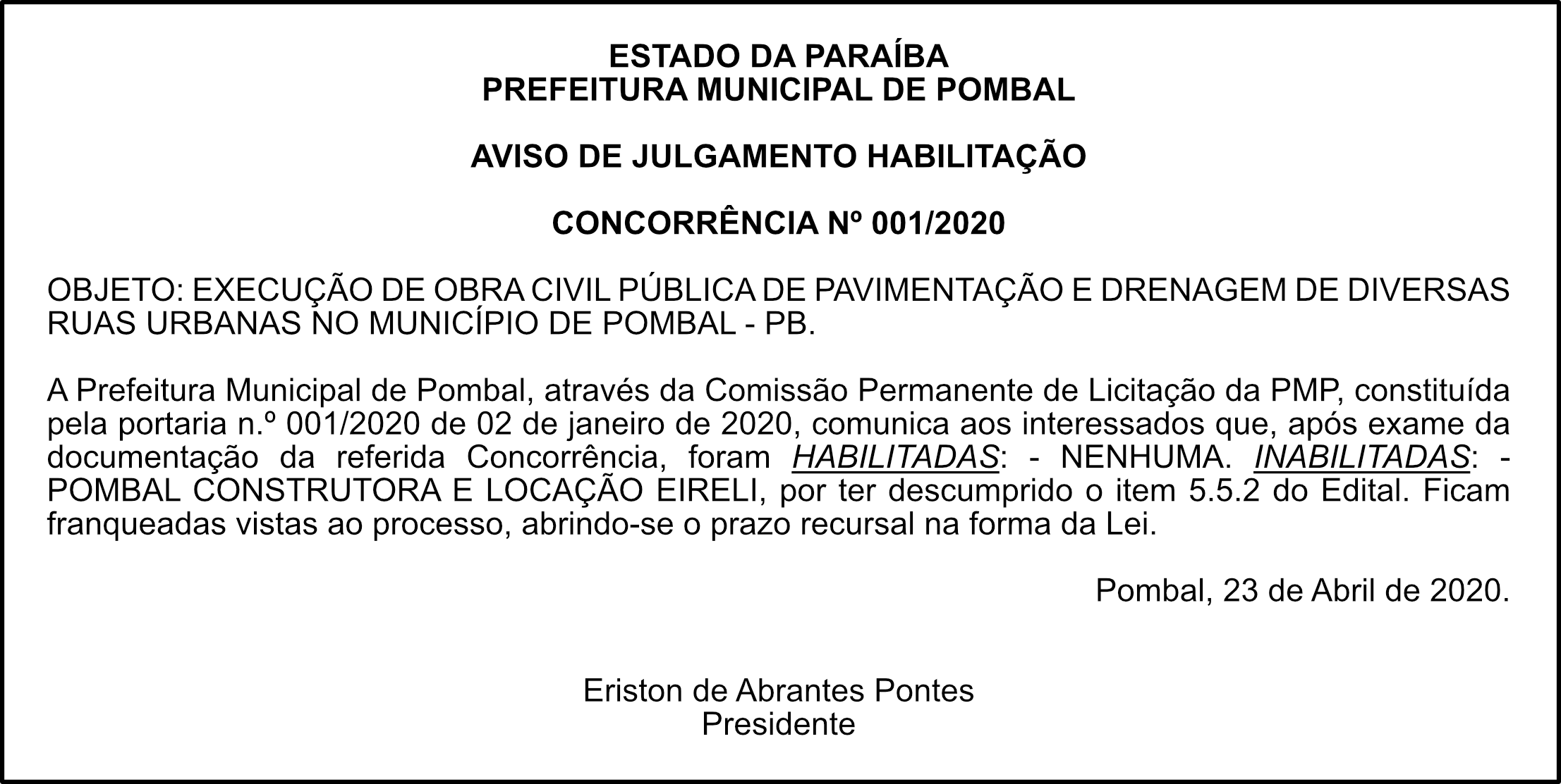 PREF. MUN. DE POMBAL – AVISO DE JULGAMENTO – HABILITAÇÃO – CONCORRÊNCIA Nº 001/2020