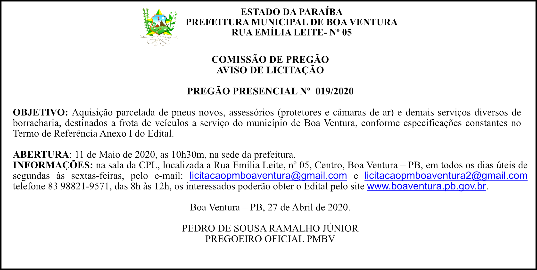 PREFEITURA DE BOA VENTURA – AVISO DE LICITAÇÃO – PREGÃO PRESENCIAL Nº 019/2020