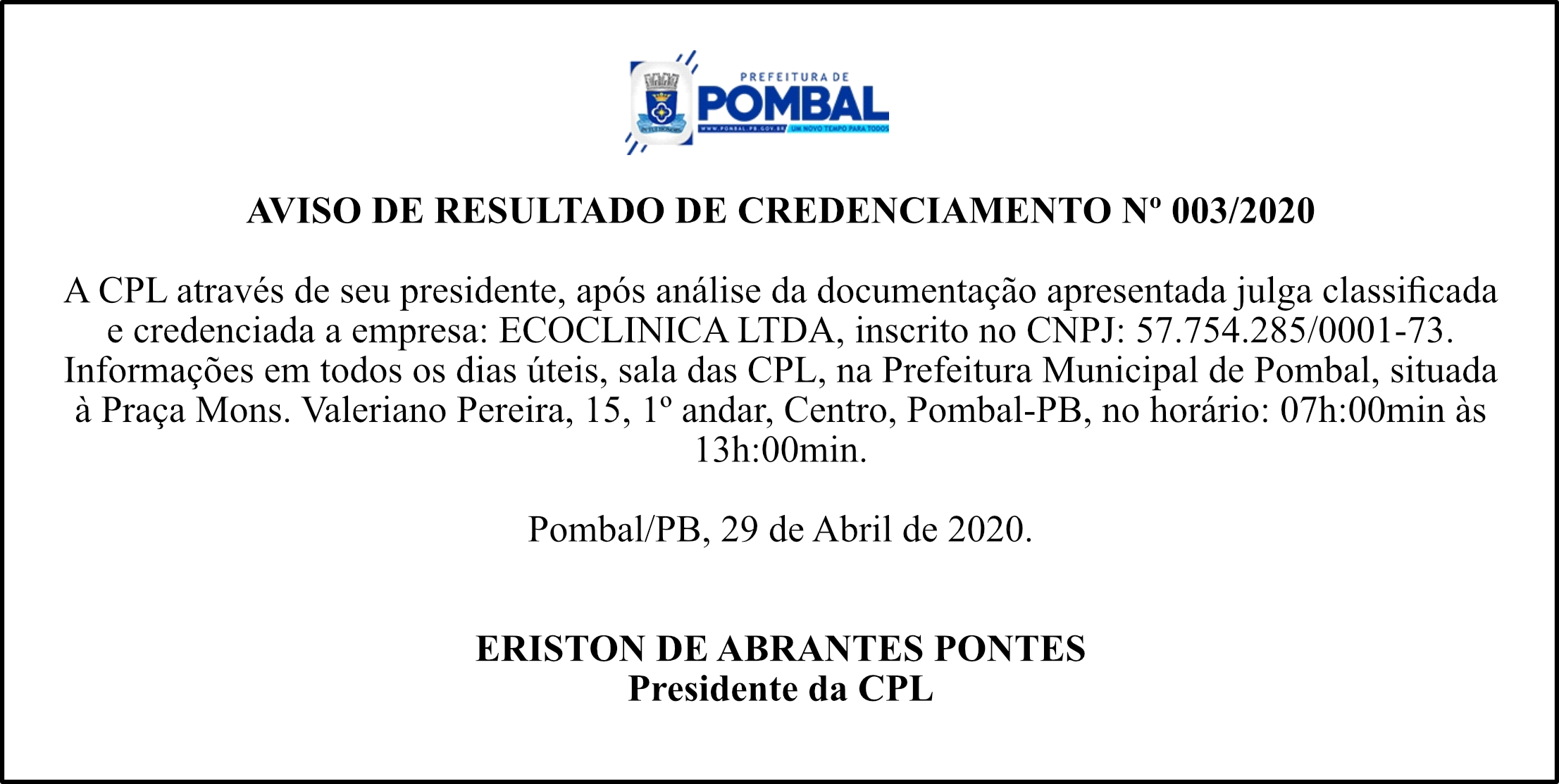 PREFEITURA MUNICIPAL DE POMBAL – AVISO DE RESULTADO DE CREDENCIAMENTO Nº 003/2020