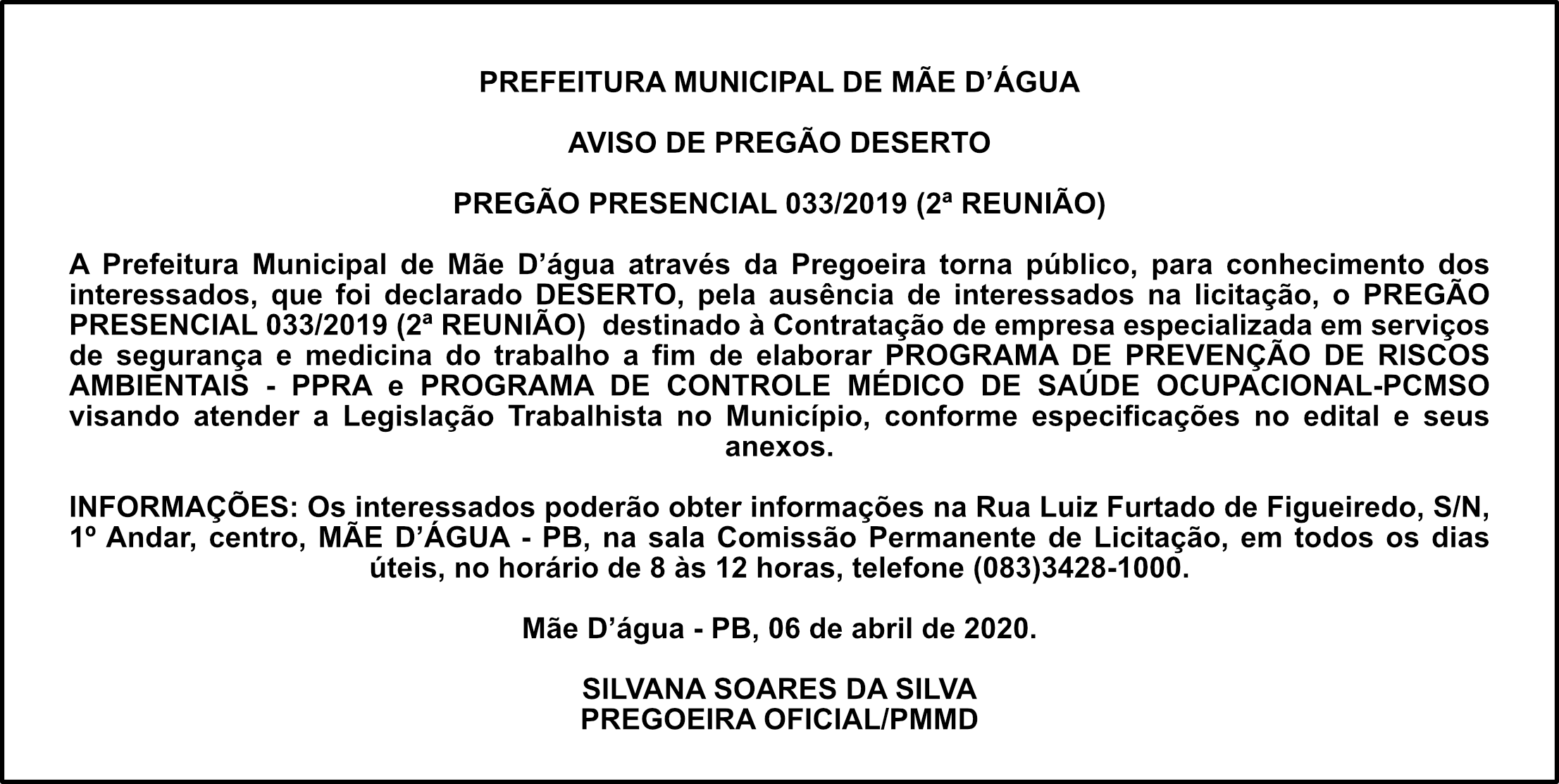 PREF. DE MÃE D’ÁGUA – AVISO PREGÃO DESERTO 033/2019 (2ª REUNIÃO)