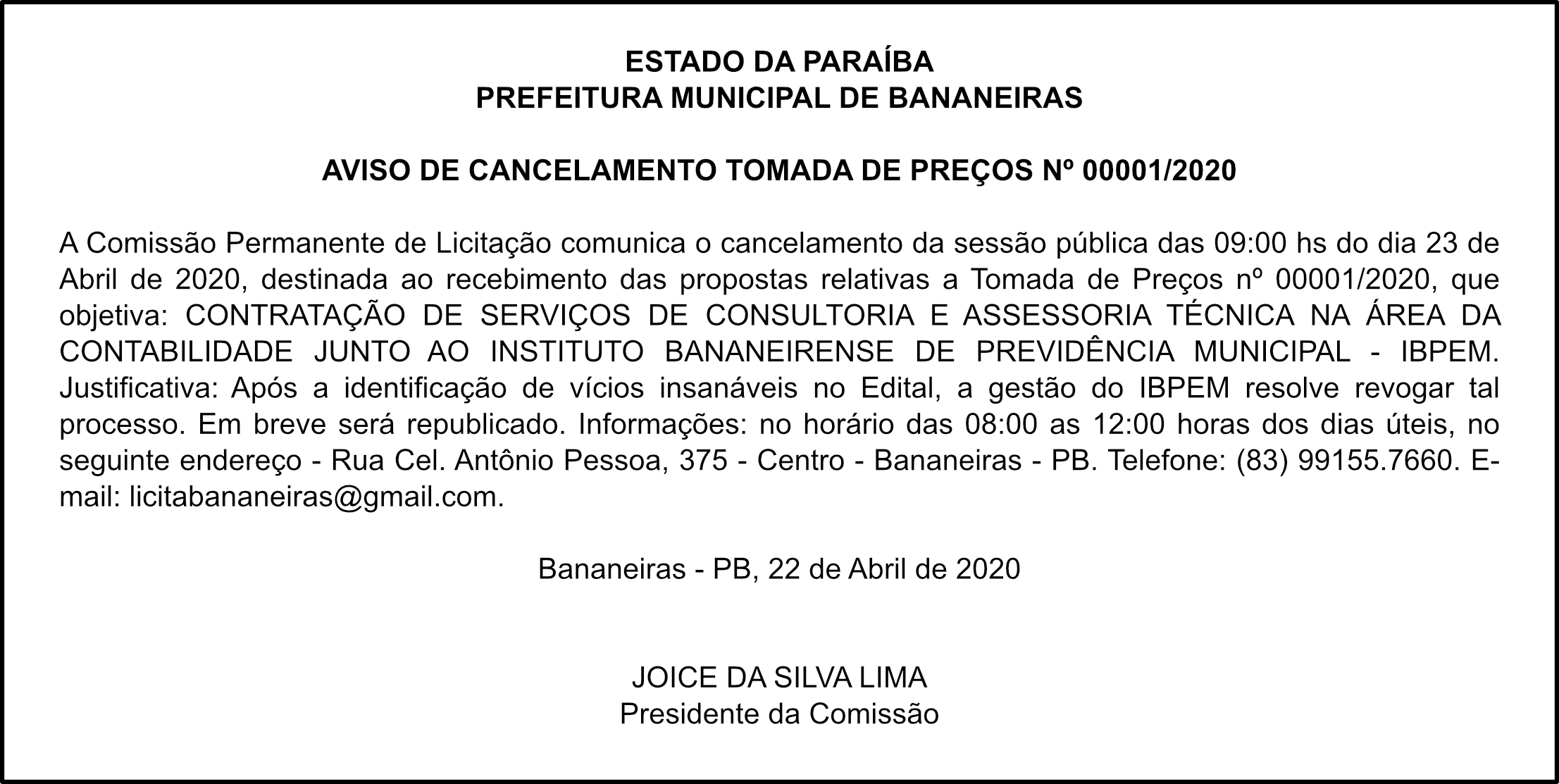PREFEITURA MUNICIPAL DE BANANEIRAS – AVISO DE CANCELAMENTO – TOMADA DE PREÇOS 0001/2020