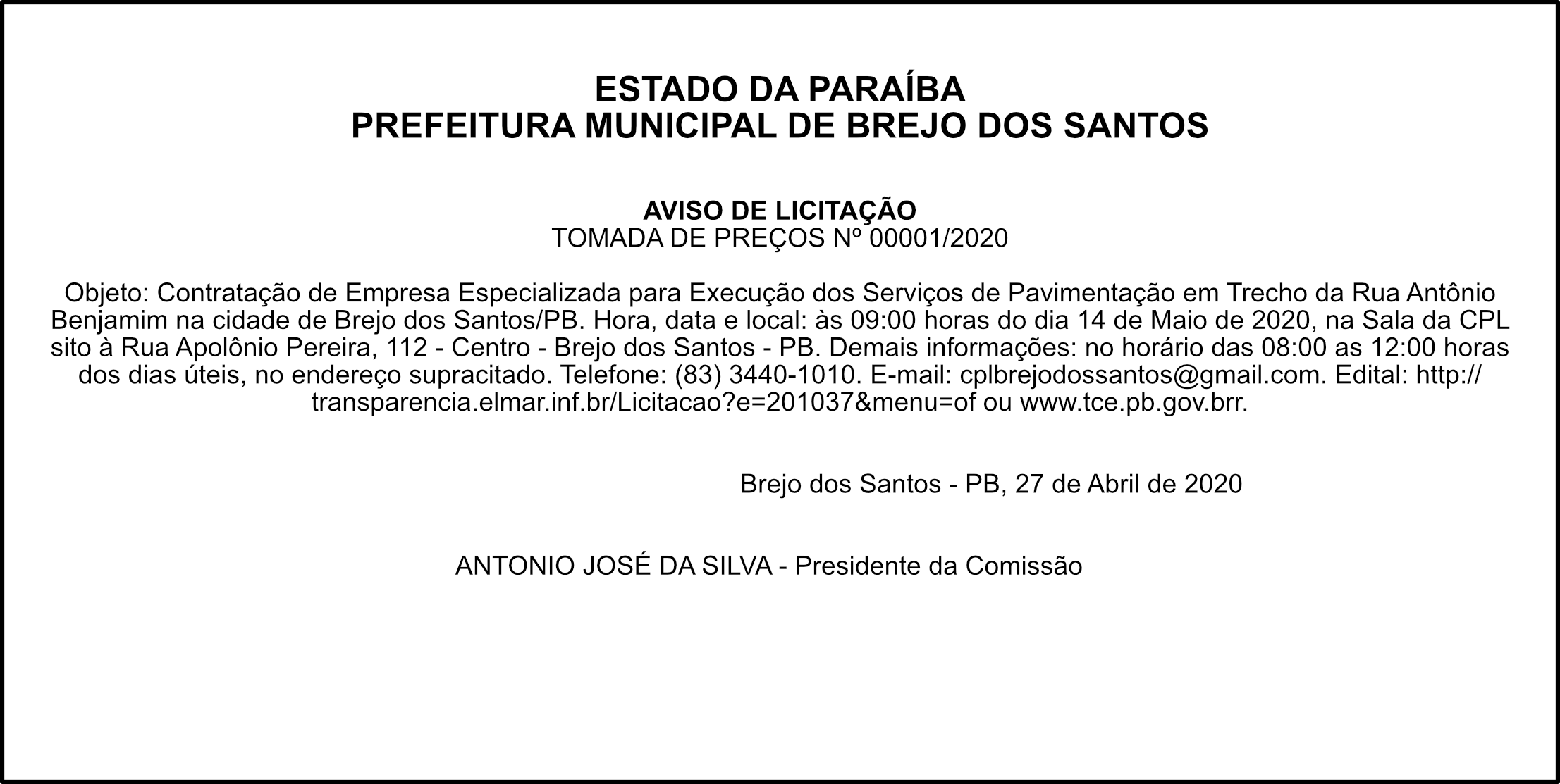 PREFEITURA MUNICIPAL DE BREJO DOS SANTOS – AVISO DE LICITAÇÃO – TP Nº 00001/2020