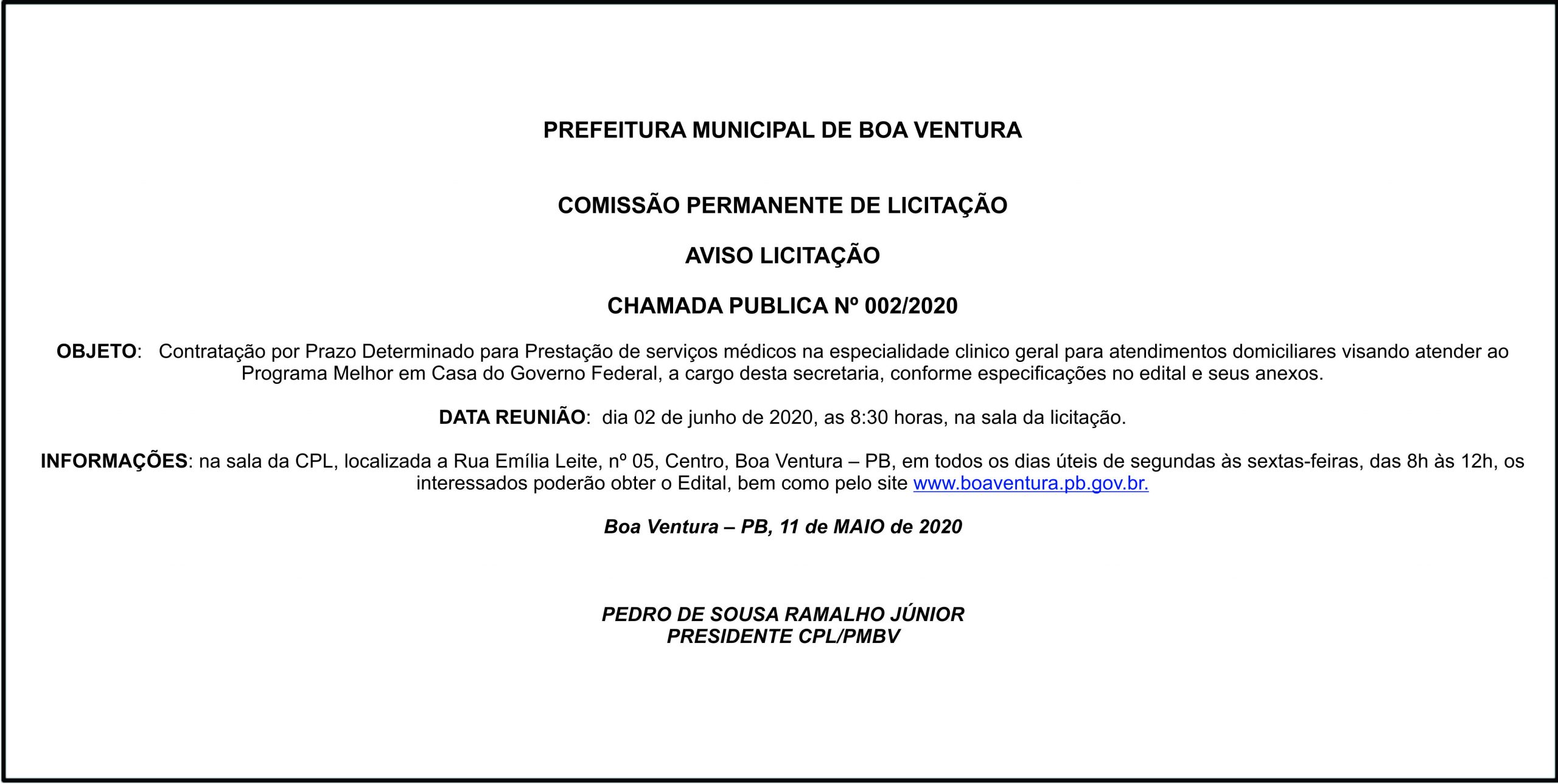 PREFEITURA MUNICIPAL DE BOA VENTURA – AVISO LICITAÇÃO – CHAMADA PUBLICA Nº 002/2020