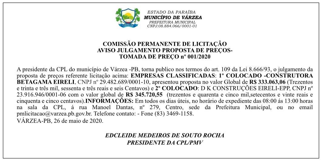 PREFEITURA MUNICIPAL DE VÁRZEA – AVISO JULGAMENTO PROPOSTA DE PREÇOS- TOMADA DE PREÇO Nº 001/2020