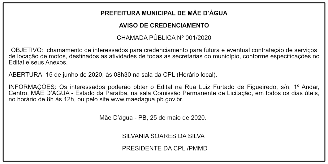 PREFEITURA MUNICIPAL DE MÃE D’ÁGUA – AVISO DE CREDENCIAMENTO – CHAMADA PÚBLICA Nº 001/2020