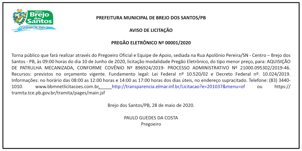 PREFEITURA MUNICIPAL DE BREJO DOS SANTOS – PREGÃO ELETRÔNICO Nº 00001/2020