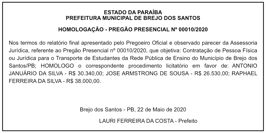 PREFEITURA MUNICIPAL DE BREJO DOS SANTOS – HOMOLOGAÇÃO – PREGÃO PRESENCIAL Nº 00010/2020