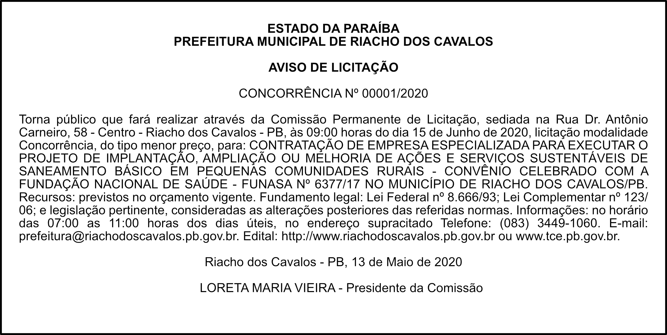 PREFEITURA MUNICIPAL DE RIACHO DOS CAVALOS – AVISO DE LICITAÇÃO – CONCORRÊNCIA Nº 00001/2020