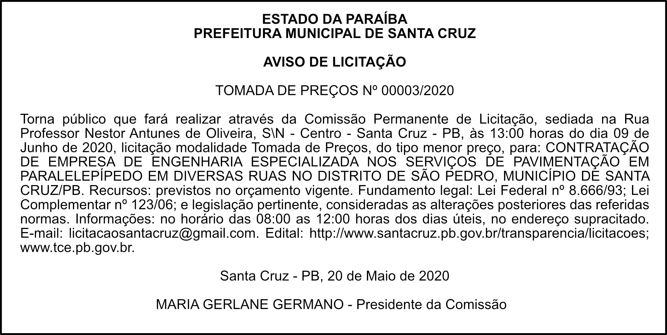 PREFEITURA MUNICIPAL DE SANTA CRUZ – AVISO DE LICITAÇÃO – TOMADA DE PREÇOS Nº 00003/2020