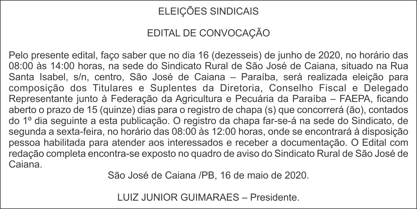 SINDICATO RURAL DE SÃO JOSÉ DE CAIANA – EDITAL DE CONVOCAÇÃO
