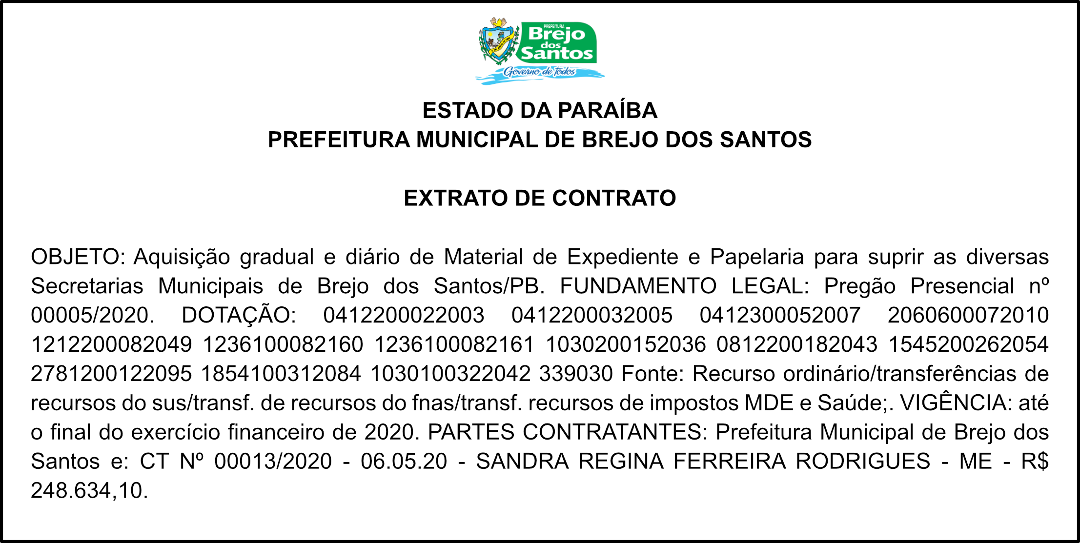 PREFEITURA MUNICIPAL DE BREJO DOS SANTOS –  EXTRATO DE CONTRATO – PREGÃO PRESENCIAL Nº 00005/2020