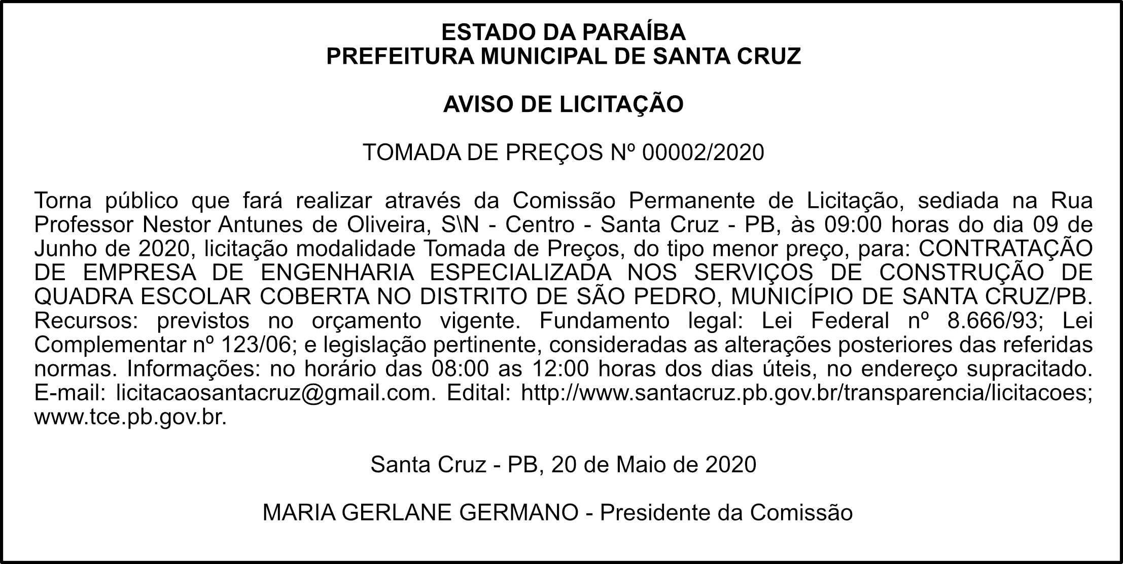 PREFEITURA MUNICIPAL DE SANTA CRUZ – AVISO DE LICITAÇÃO – TOMADA DE PREÇOS Nº 00002/2020