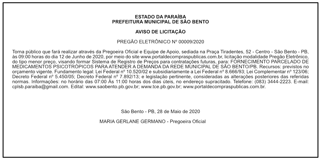 PREFEITURA MUNICIPAL DE SÃO BENTO – PREGÃO ELETRÔNICO 00009/2020