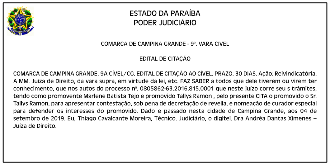 COMARCA DE CAMPINA GRANDE – 9ª VARA CÍVEL – EDITAL DE CITAÇÃO