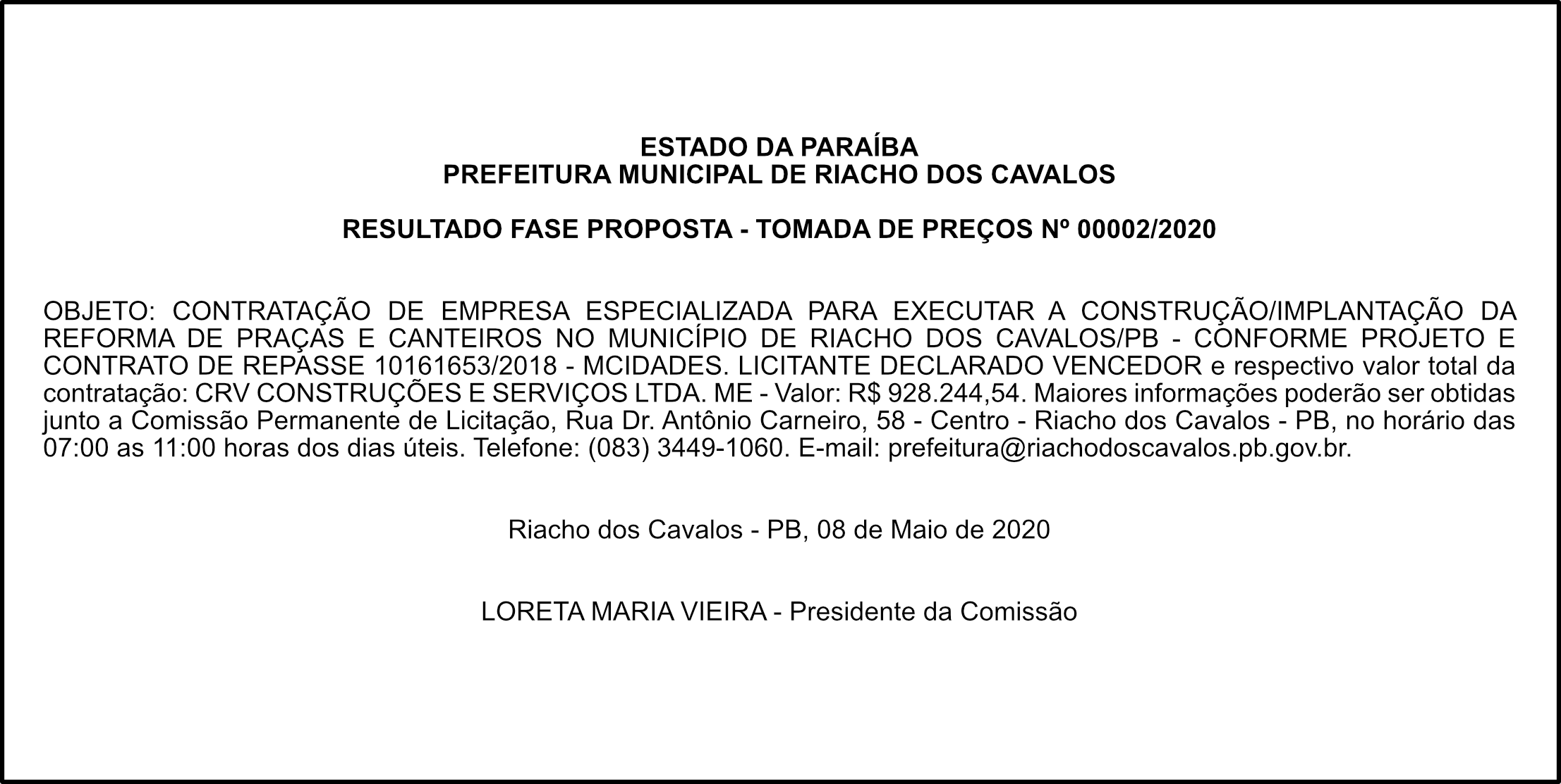 PREFEITURA MUNICIPAL DE RIACHO DOS CAVALOS – RESULTADO FASE PROPOSTA – TOMADA DE PREÇOS Nº 00002/2020