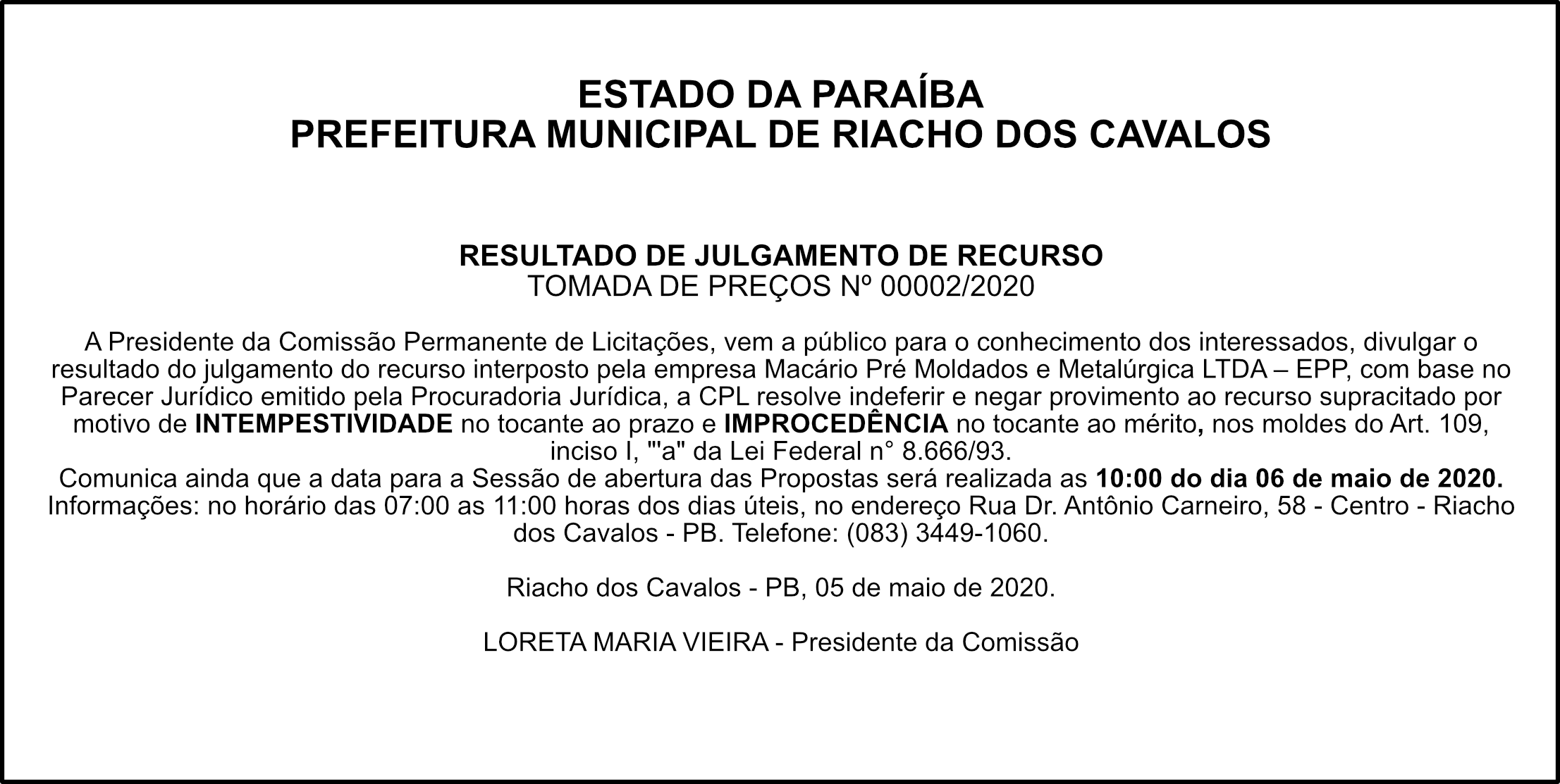 PREF. MUN. DE RIACHO DOS CAVALOS – RESULTADO DE JULGAMENTO DE RECURSO – TOMADA DE PREÇOS Nº 00002/2020