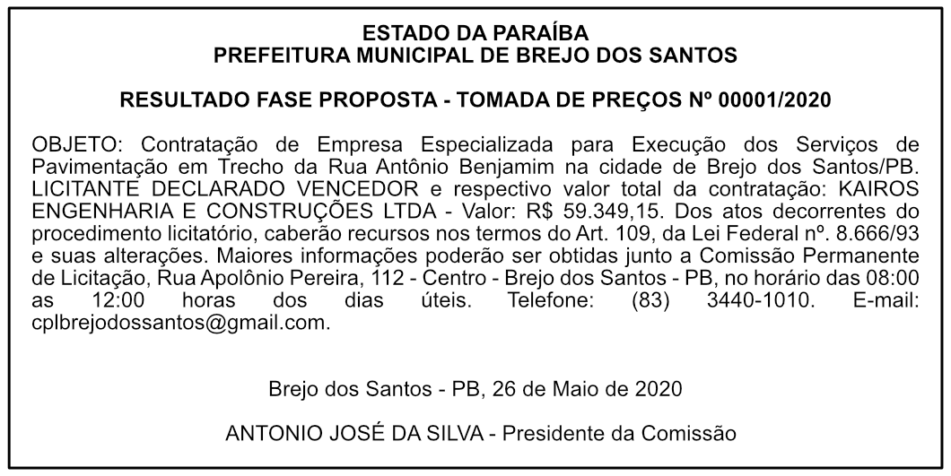 PREFEITURA MUNICIPAL DE BREJO DOS SANTOS – RESULTADO FASE PROPOSTA – TOMADA DE PREÇOS Nº 00001/2020