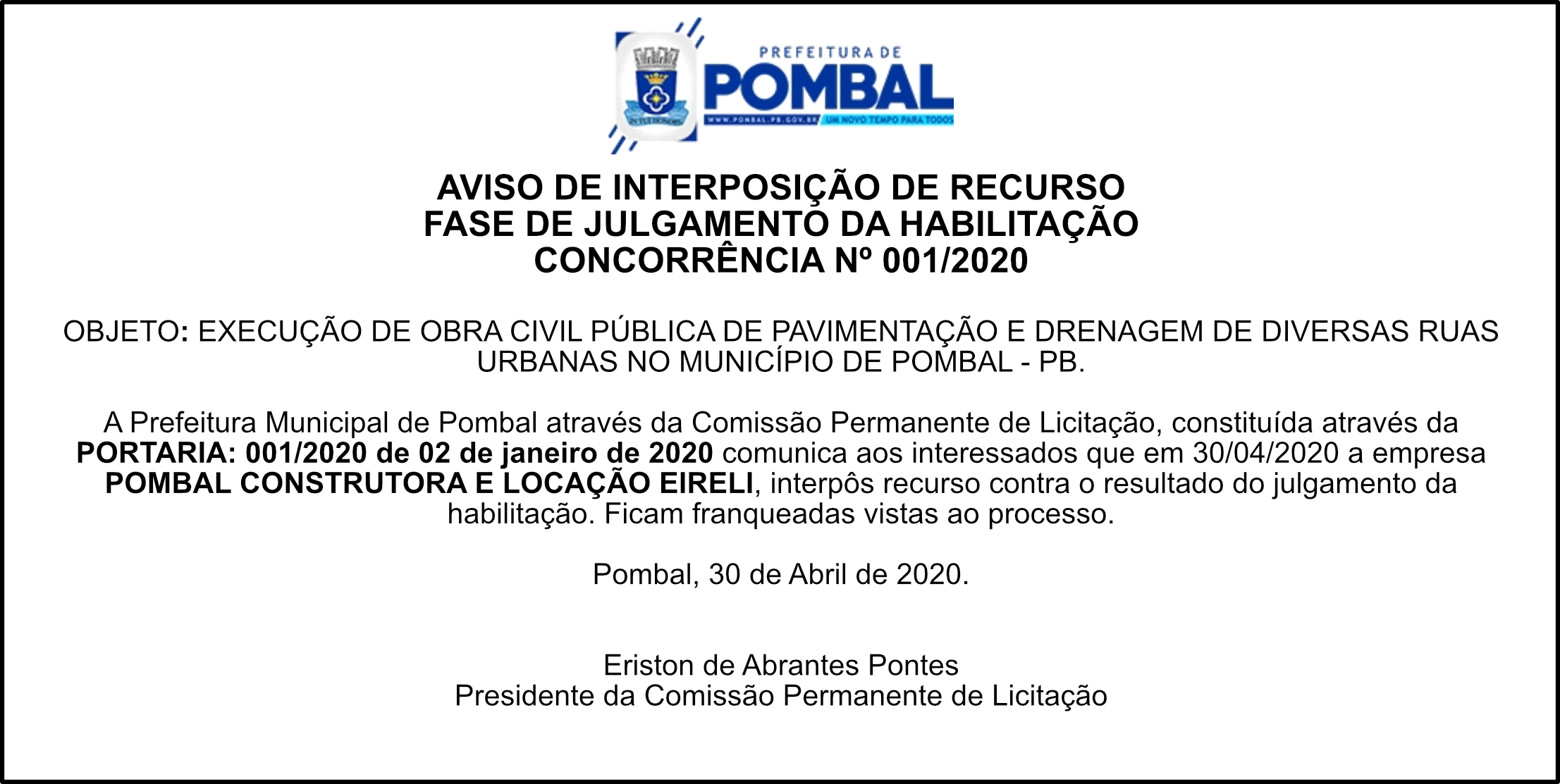 PREF. MUN. DE POMBAL – AVISO DE INTERPOSIÇÃO DE RECURSO – CONCORRÊNCIA Nº 001/2020