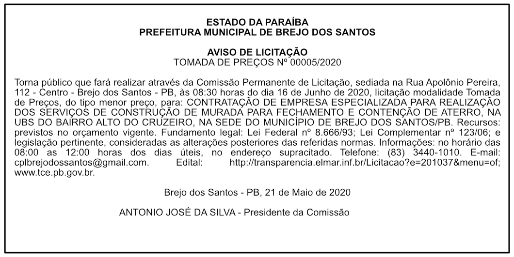 PREF. MUN. DE BREJO DOS SANTOS – AVISO DE LICITAÇÃO – TP 005/2020