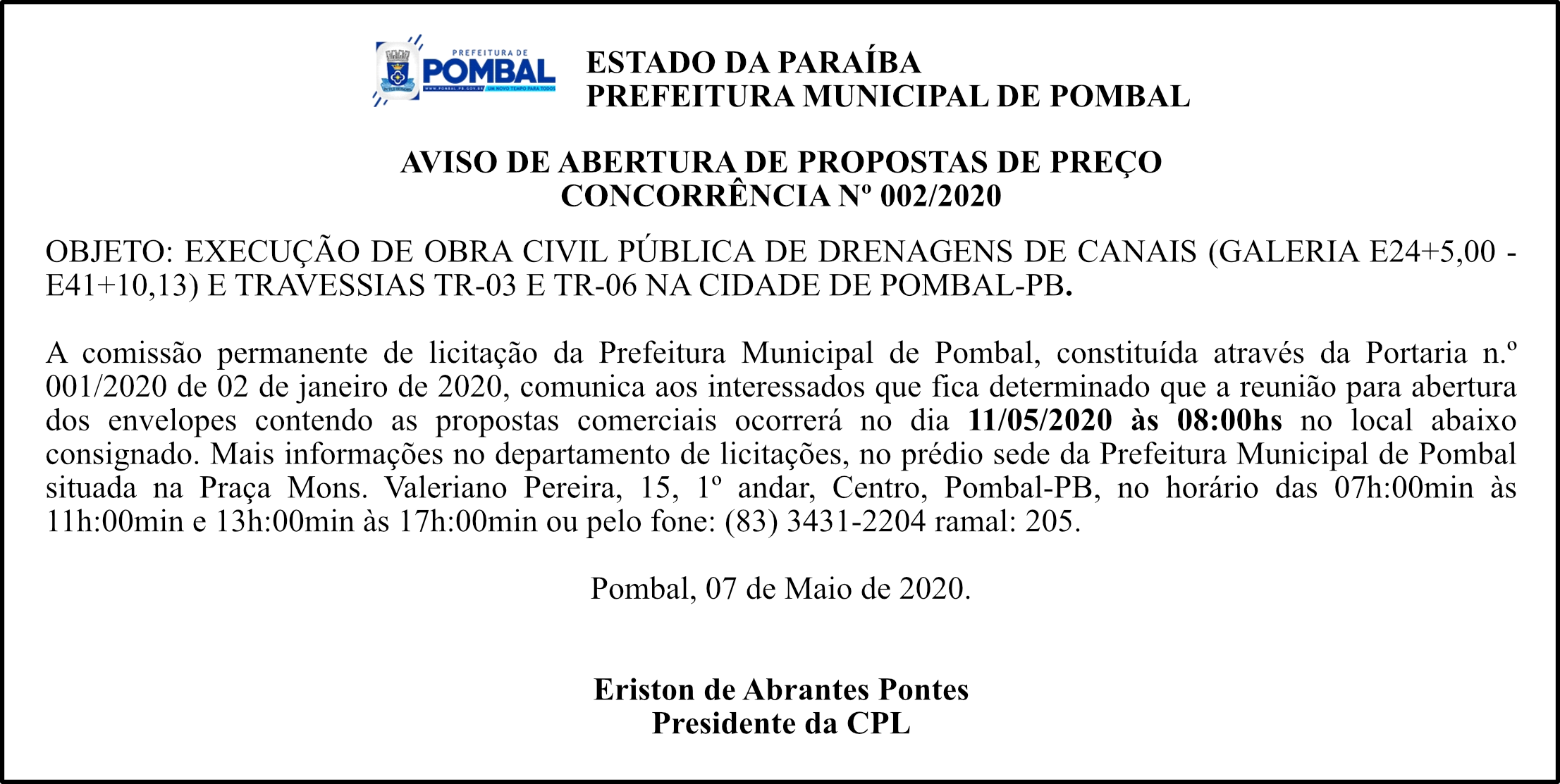 PREFEITURA MUNICIPAL DE POMBAL – AVISO DE ABERTURA DE PROPOSTAS DE PREÇO – CONCORRÊNCIA Nº 002/2020