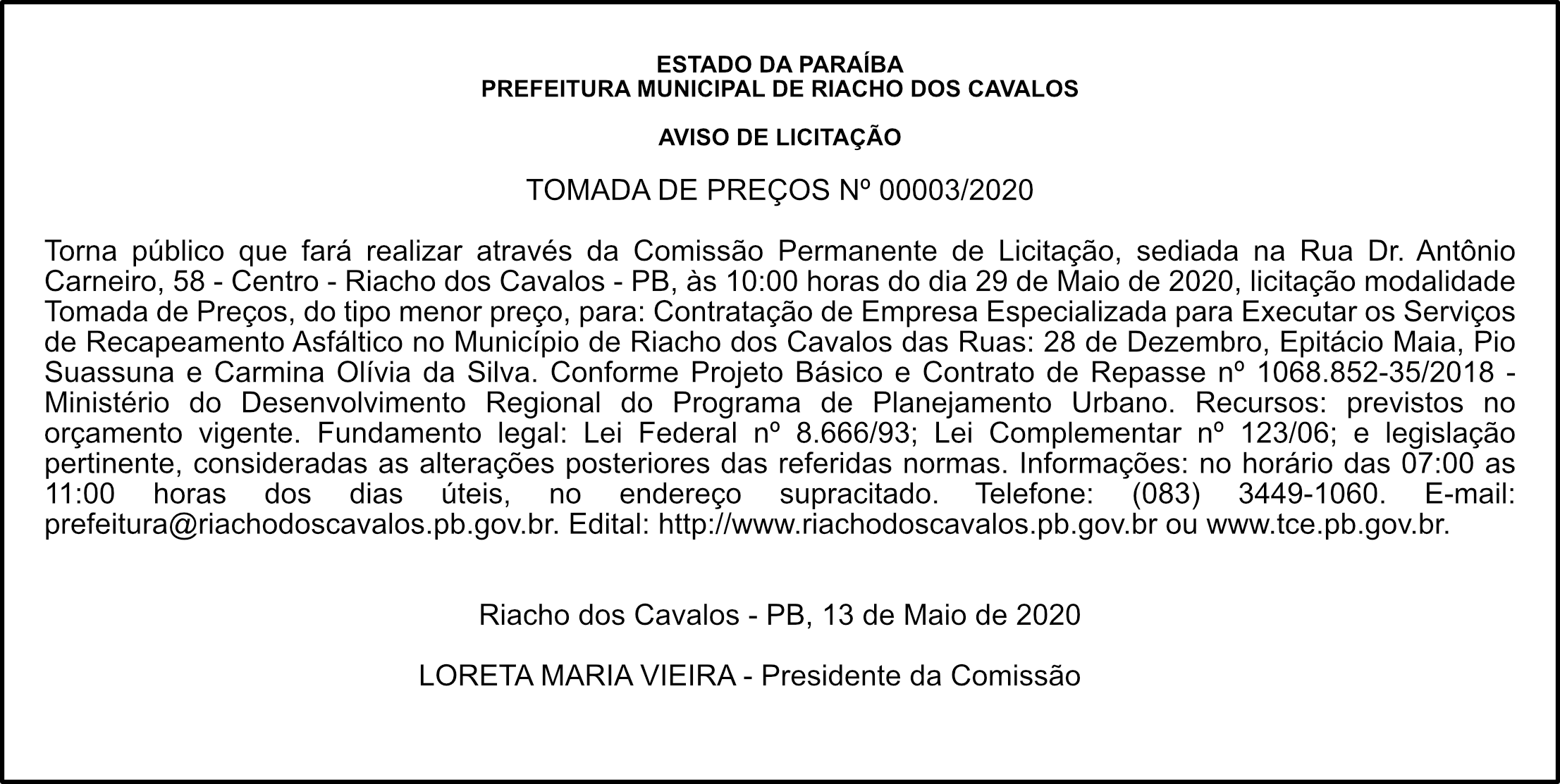 PREFEITURA MUNICIPAL DE RIACHO DOS CAVALOS – AVISO DE LICITAÇÃO – TOMADA DE PREÇOS Nº 00003/2020