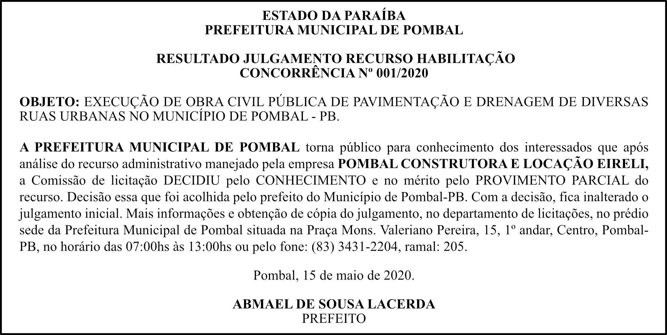 PREFEITURA MUNICIPAL DE POMBAL – RESULTADO JULGAMENTO RECURSO HABILITAÇÃO – CONCORRÊNCIA Nº 001/2020