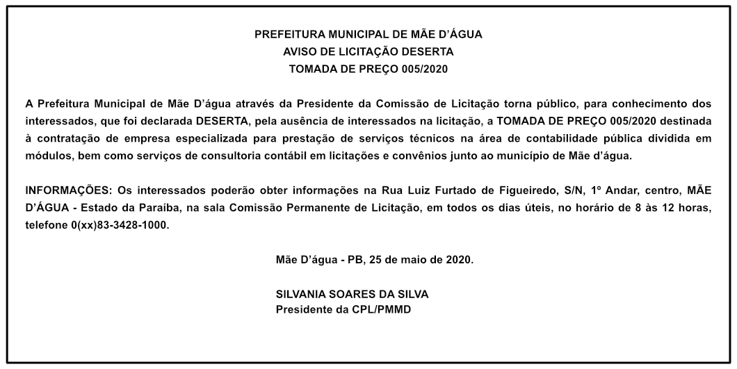 PREFEITURA MUNICIPAL DE MÃE D’ÁGUA – AVISO DE LICITAÇÃO DESERTA – TOMADA DE PREÇO 005/2020
