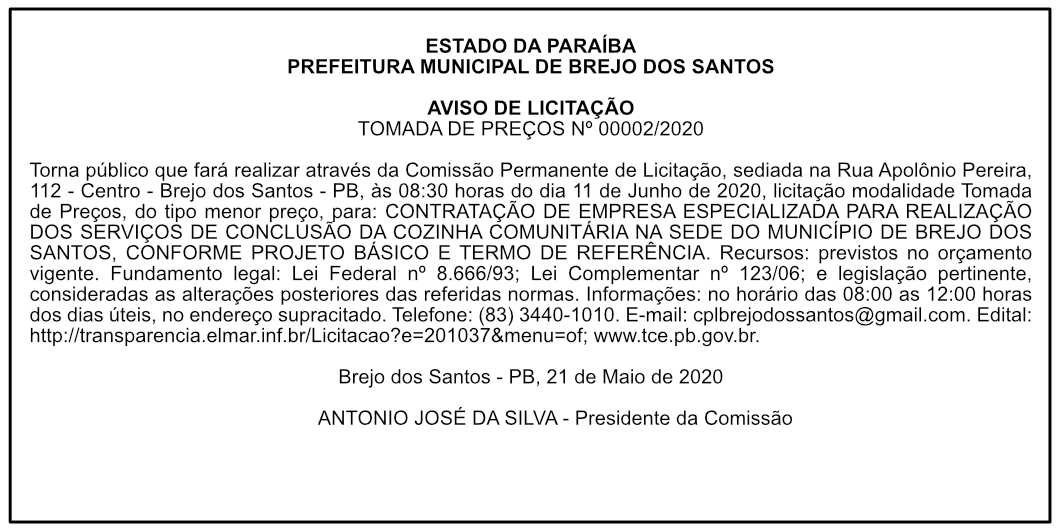 PREF. MUN. DE BREJO DOS SANTOS – AVISO DE LICITAÇÃO – TP 002/2020