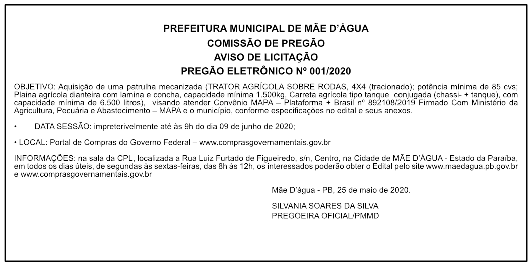 PREFEITURA MUNICIPAL DE MÃE D’ÁGUA – COMISSÃO DE PREGÃO – AVISO DE LICITAÇÃO  PREGÃO ELETRÔNICO Nº 001/2020