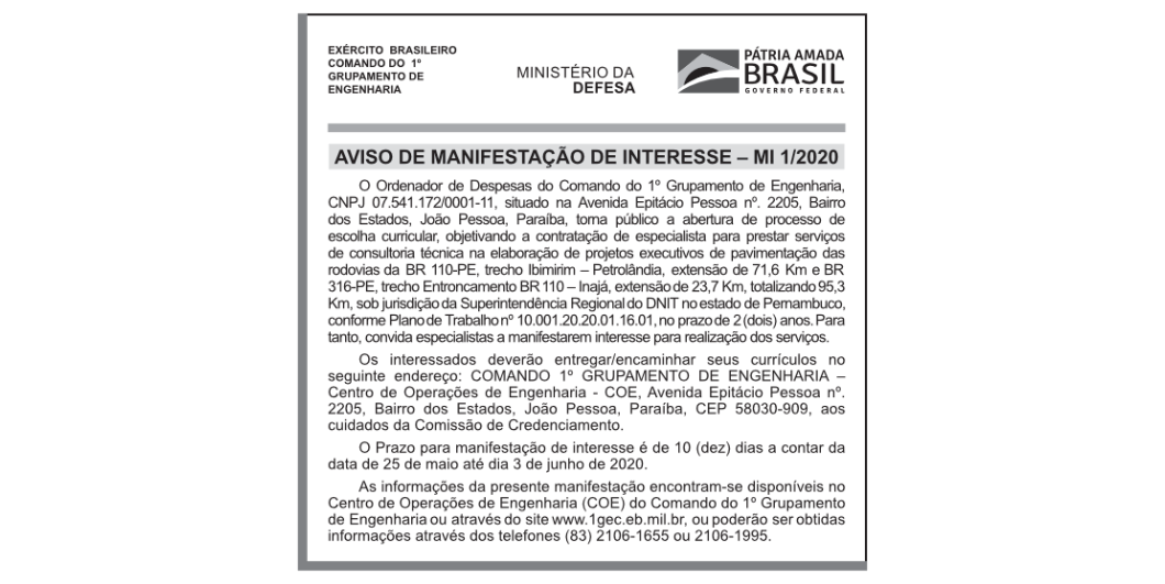 EXÉRCITO BRASILEIRO – 1º GRUPAMENTO DE ENGENHARIA – AVISO DE MANIFESTAÇÃO DE INTERESSE – MI 1/2020