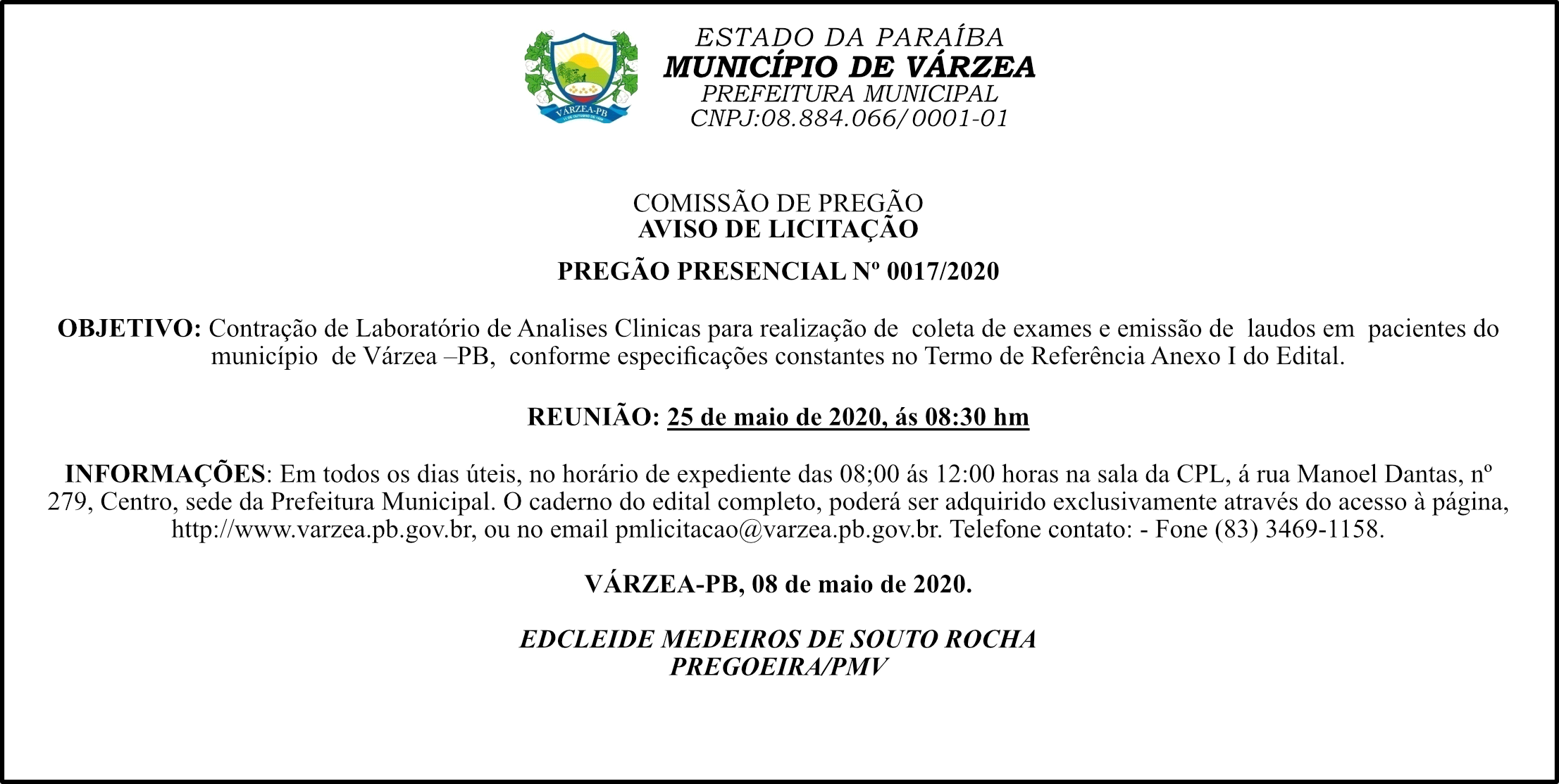 PREFEITURA MUNICIPAL DE VÁRZEA – AVISO DE LICITAÇÃO PREGÃO – PRESENCIAL Nº 0017/2020